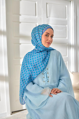 %100 Vual İpek Şal Lila Turkuaz Butter Yellow Desenli 70X190