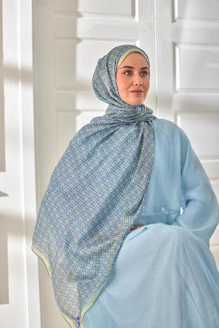%100 Vual İpek Şal Lila Mint Butter Yellow Desenli 70X190