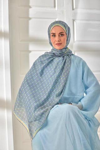 %100 Vual İpek Şal Lila Mint Butter Yellow Desenli 70X190