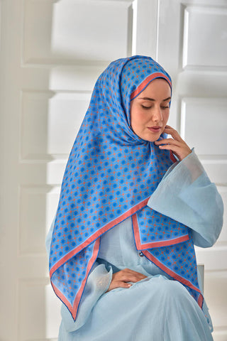 %100 Vual İpek Şal Gök Mavi Bebe Mavi Yavruağzı Desenli 70X190 - Vual İpek Şal - | Silk Home