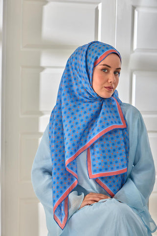 %100 Vual İpek Şal Gök Mavi Bebe Mavi Yavruağzı Desenli 70X190