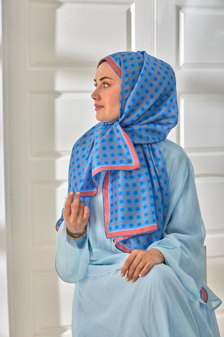 %100 Vual İpek Şal Gök Mavi Bebe Mavi Yavruağzı Desenli 70X190