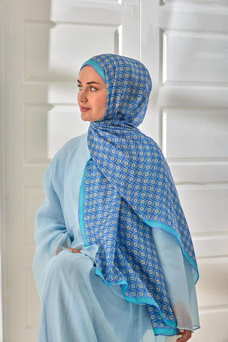 %100 Vual İpek Şal Lila Eflatun Turkuaz Desenli 70X190 - Vual İpek Şal - | Silk Home