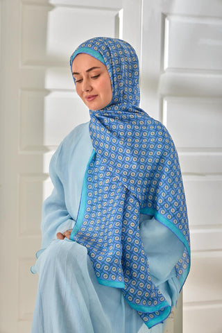 %100 Vual İpek Şal Lila Eflatun Turkuaz Desenli 70X190 - Vual İpek Şal - | Silk Home