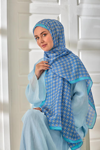 %100 Vual İpek Şal Lila Eflatun Turkuaz Desenli 70X190 - Vual İpek Şal - | Silk Home