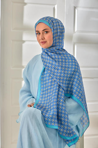%100 Vual İpek Şal Lila Eflatun Turkuaz Desenli 70X190 - Vual İpek Şal - | Silk Home