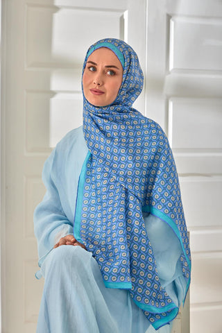 %100 Vual İpek Şal Lila Eflatun Turkuaz Desenli 70X190 - Vual İpek Şal - | Silk Home