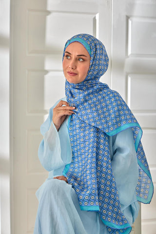 %100 Vual İpek Şal Lila Eflatun Turkuaz Desenli 70X190 - Vual İpek Şal - | Silk Home
