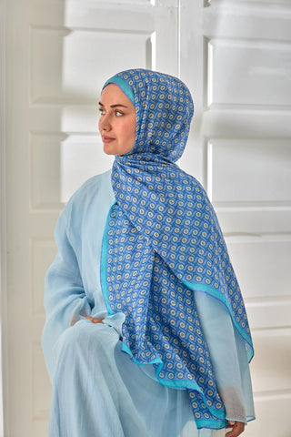 %100 Vual İpek Şal Lila Eflatun Turkuaz Desenli 70X190