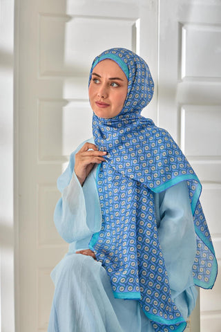 %100 Vual İpek Şal Lila Eflatun Turkuaz Desenli 70X190