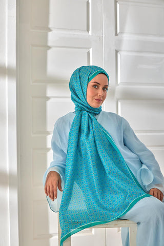 %100 Vual İpek Şal Turkuaz Yeşil Beyaz Desenli 70X190 - Vual İpek Şal - | Silk Home