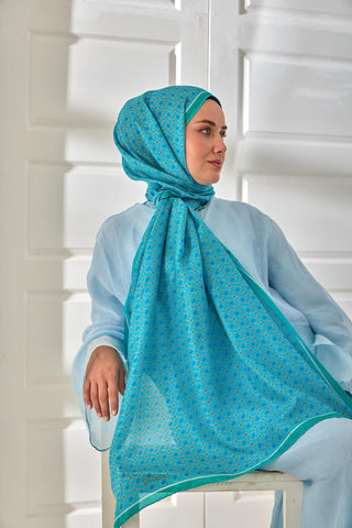 %100 Vual İpek Şal Turkuaz Yeşil Beyaz Desenli 70X190 - Vual İpek Şal - | Silk Home