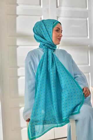 %100 Vual İpek Şal Turkuaz Yeşil Beyaz Desenli 70X190 - Vual İpek Şal - | Silk Home