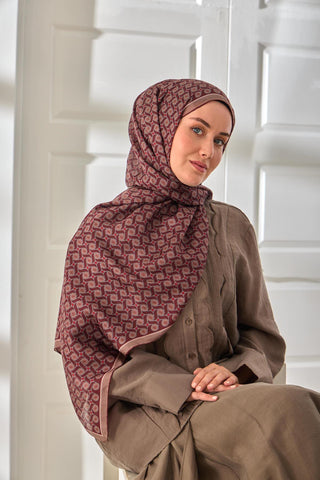 %100 Vual İpek Şal Bordo Vizon Kırmızı Desenli 70X190