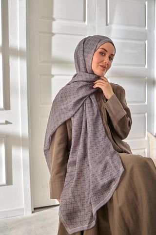 %100 Vual İpek Şal Pudra Pastel Mor Desenli 70X190