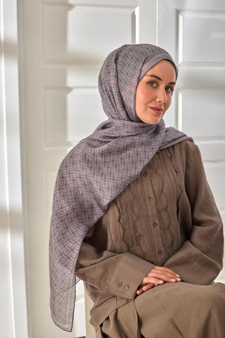 %100 Vual İpek Şal Pudra Pastel Mor Desenli 70X190