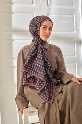 %100 Vual İpek Şal Vizon Siyah Kırmızı Desenli 70X190 - Vual İpek Şal - | Silk Home