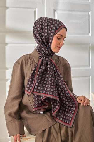 %100 Vual İpek Şal Vizon Siyah Kırmızı Desenli 70X190 - Vual İpek Şal - | Silk Home
