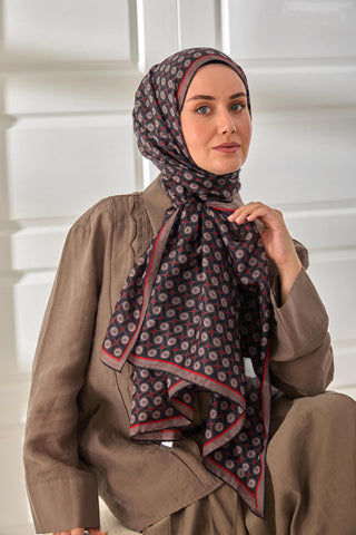 %100 Vual İpek Şal Vizon Siyah Kırmızı Desenli 70X190