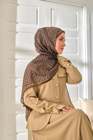 %100 Vual İpek Şal Haki Gold Desenli 70X190