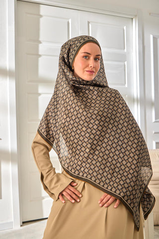 %100 Vual İpek Şal Desenli Koyu Yeşil Gold Tonlu 70X190