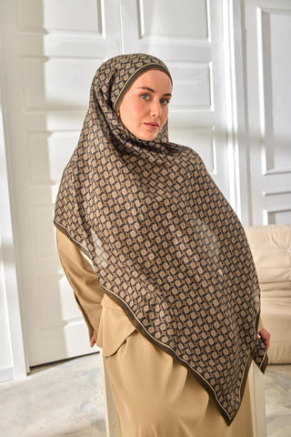 %100 Vual İpek Şal Desenli Koyu Yeşil Gold Tonlu 70X190