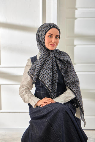 100% Voile Silk Scarf, Patterned Navy Blue Metallic Grey Tone, 70x190 cm.
