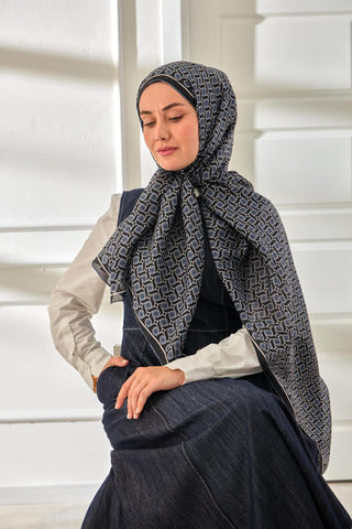 100% Voile Silk Scarf, Patterned Navy Blue Metallic Grey Tone, 70x190 cm.