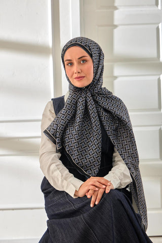 100% Voile Silk Scarf, Patterned Navy Blue Metallic Grey Tone, 70x190 cm.