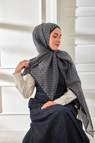 %100 Vual İpek Şal Desenli Lacivert Metalik Gri Tonlu 70X190