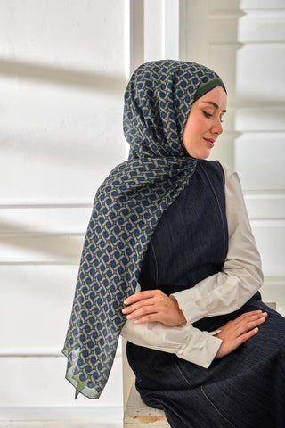 %100 Vual İpek Şal Desenli Lacivert Yeşil Tonlu 70X190