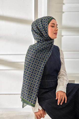 %100 Vual İpek Şal Desenli Lacivert Yeşil Tonlu 70X190