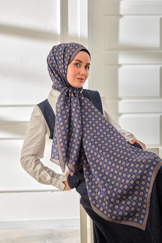 %100 Vual İpek Şal Desenli İndigo Tonlu 70X190 - Vual İpek Şal - | Silk Home