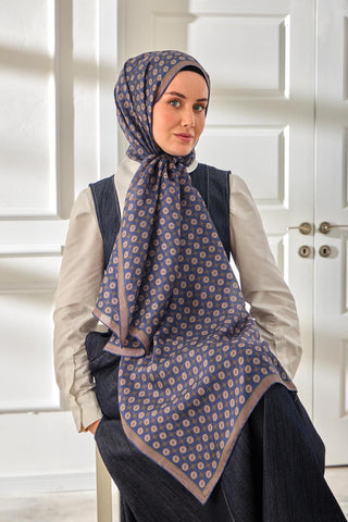 %100 Vual İpek Şal Desenli İndigo Tonlu 70X190