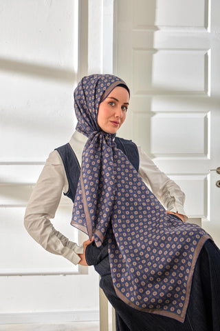 %100 Vual İpek Şal Desenli İndigo Tonlu 70X190