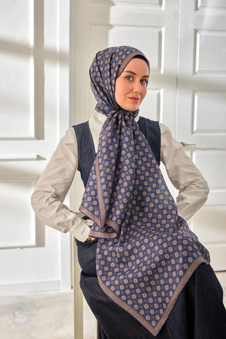 %100 Vual İpek Şal Desenli İndigo Tonlu 70X190