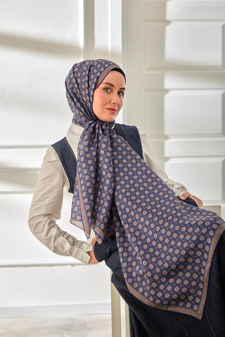 %100 Vual İpek Şal Desenli İndigo Tonlu 70X190