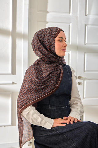 %100 Vual İpek Şal Desenli Kahverengi Tonlu 70X190
