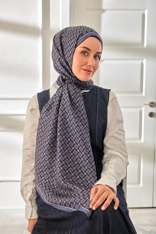 %100 Vual İpek Şal Desenli İndigo Tonlu 70X190