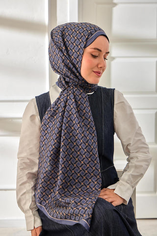 %100 Vual İpek Şal Desenli İndigo Tonlu 70X190