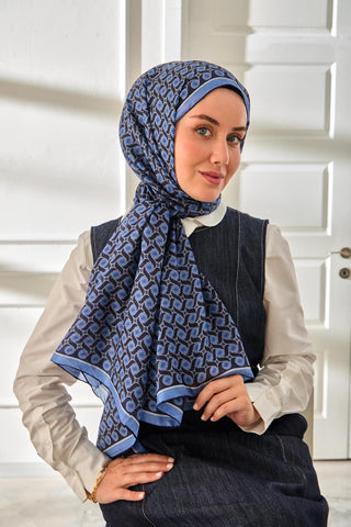 %100 Vual İpek Şal Desenli Mavi Tonlu 70X190