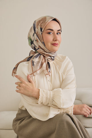 Twill İpek Eşarp Çiçek Desen Krem 90x90 - | Silk Home