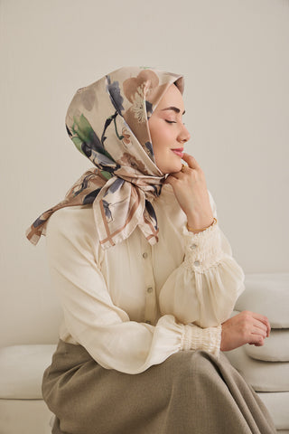 Twill İpek Eşarp Çiçek Desen Krem 90x90 - | Silk Home