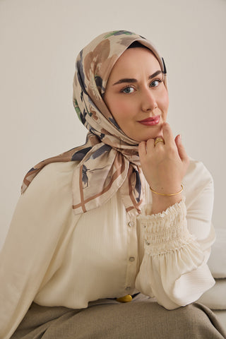 Twill İpek Eşarp Çiçek Desen Krem 90x90 - | Silk Home