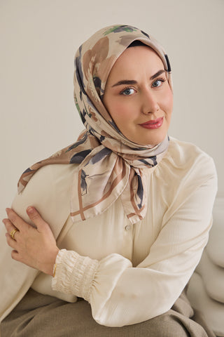 Twill İpek Eşarp Çiçek Desen Krem 90x90 - | Silk Home