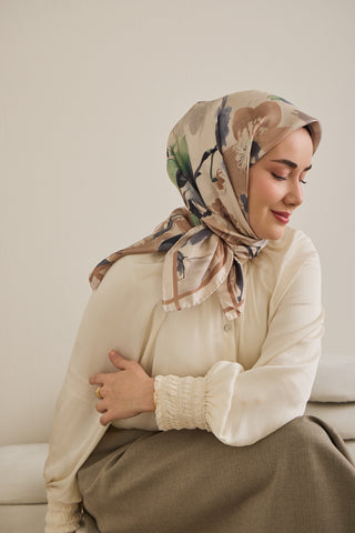 Twill İpek Eşarp Çiçek Desen Krem 90x90 - | Silk Home
