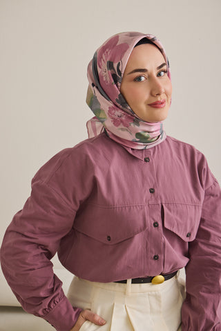 Twill İpek Eşarp Çiçek Desen Açık Pembe 90x90 - | Silk Home