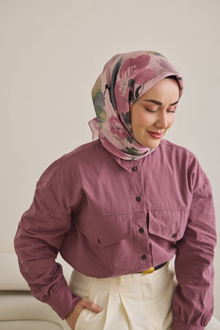 Twill İpek Eşarp Çiçek Desen Açık Pembe 90x90 - | Silk Home