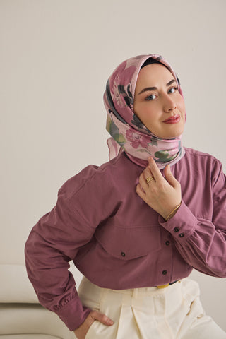 Twill İpek Eşarp Çiçek Desen Açık Pembe 90x90 - | Silk Home