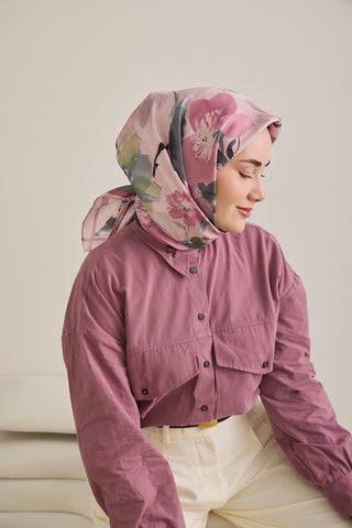 Twill İpek Eşarp Çiçek Desen Açık Pembe 90x90 - | Silk Home